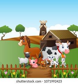 Farm animals happy in front of cage