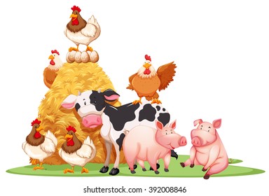 Farm animals with haystack illustration