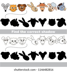 Farm Animals Heads and Faces set to find the correct shadow, the matching educational kid game to compare and connect objects and their true shadows, simple gaming level for preschool kids.