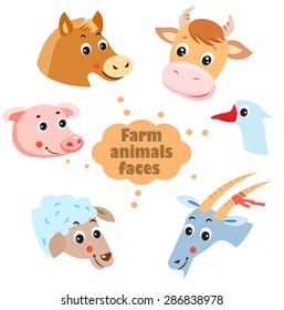 Farm Animals: Hen, Goat, Goose, Horse, Cow, Pig, Sheep. Pets. Animals On A White Background. Vector Illustration. Agriculture, Village. Animals Village. Livestock Farm. Farm Animals Faces Icons Set.