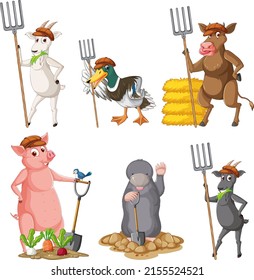 Farm animals holding fork and shovel illustration