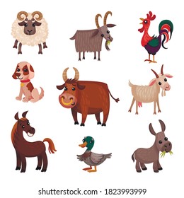 Farm Animals with Horned Bull and Goat Vector Set