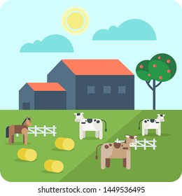 Farm animals. Horse  and cow   on green grass against a background of rural summer landscape

