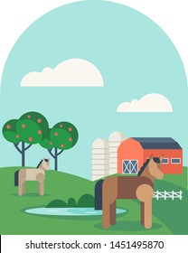 Farm animals. Horse and cow on green grass against a background of rural summer landscape
