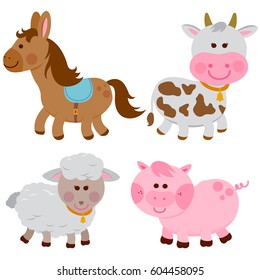 Farm animals. A horse, a cow, a sheep and a pig. Vector illustration