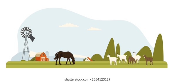 Farm animals, horse and goats grazing on green field. Barn, windmill, and hills in background. Rural landscape for agriculture or eco-themed designs. Flat vector illustration.