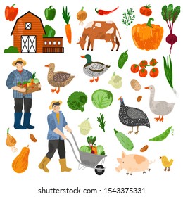 Farm animals, farm house and products. Local organic vegetables. Agricultural workers gathering crops, pulling wheelbarrow with harvest. Flat cartoon isolated illustration. Hand drawn vector character