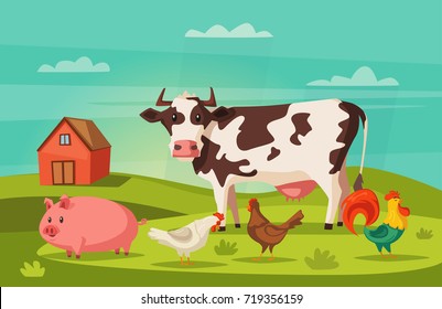 Farm animals and house. Village. Cartoon vector illustration