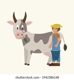 Farm animals with humans. A farmer is a worker who raises livestock. Breeding Cows on agricultural land drawn in vector. Vector illustration