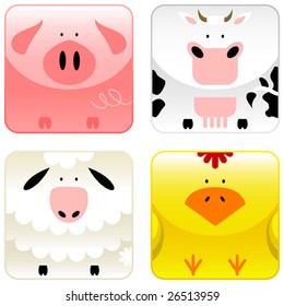 Farm animals icon set 1, pig, cow, sheep, chicken, vector