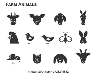 Farm animals icon set collection. Black and white vector illustration.