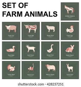 Farm animals icon set. Farming logo and label collection in modern flat design, products banner or flyer. Vector eps10 illustration