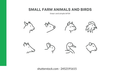 Conjunto de iconos de animales de granja: con cabra, cerdo, llama, alpaca, gallina y más. Incluye pollo, conejo, pato, cordero y varias siluetas de aves. Trazo editable. 