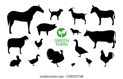 Farm Animals Icon Set With Green Farm Logo.