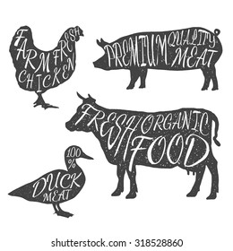 Farm animals icon set. Hen, cow, duck, pig. Butchery concept isolated on white. Meat cuts symbols, beef, pork, chicken, duck hand-drawing silhouettes. Vector illustration for your design and business.