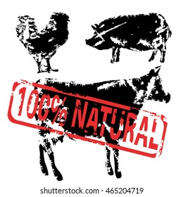 Farm animals icon set. Hen, cow, pig. Butchery concept isolated on white. Meat cuts symbols, beef, pork, chicken hand-drawing silhouettes. Vector illustration for your design and business.