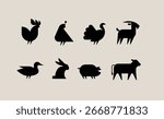 Farm animals icon set with rooster, quail, turkey, goat, duck, hare, pig, cow drawing with black on beige background