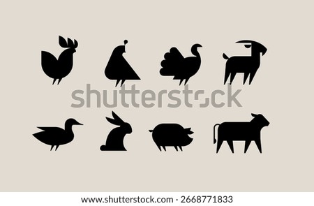 Farm animals icon set with rooster, quail, turkey, goat, duck, hare, pig, cow drawing with black on beige background