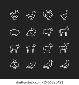 Farm animals icon set, white lines on black background. Livestock for dairy, eggs, meat. Animals raised on a farm. Customizable line thickness