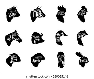 Farm animals icons collection and butchery labels isolated on white.