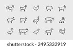 Farm animals icons. Large set of farm animals trendy minimal icons. Example: Rooster, Goat, Chicken, Pig, Cow icon. Design signs for web page, mobile app, packaging design. Vector illustration.