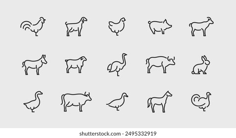 Farm animals icons. Large set of farm animals trendy minimal icons. Example: Rooster, Goat, Chicken, Pig, Cow icon. Design signs for web page, mobile app, packaging design. Vector illustration.