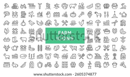 Farm and animals icons. Large set of 110 farm trendy minimal icons. Barns, tractors, animals, plants and crops icons. Design signs for web page, mobile app, packaging design. Vector illustration.
