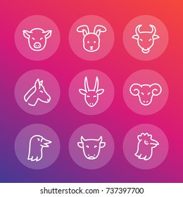 Farm animals icons, linear style