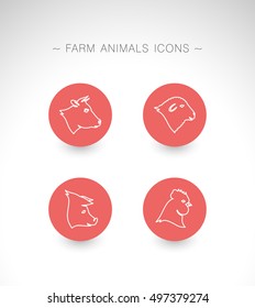 Farm animals icons on the red circle. Vector illustration, editable and isolated.