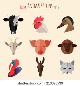 Farm Animals Icons on White Background in Flat Style