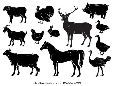 Farm animals icons set. Collection of labels with beautiful such as goat chicken pig boar duck goose horse cow Turkey hare ostrich deer butcher shop, steak house. Vector illustration