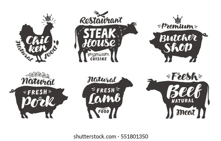 Farm animals icons set. Collection of labels with beautiful letterings such as chicken, beef, pork, lamb, butcher shop, steak house. Vector illustration