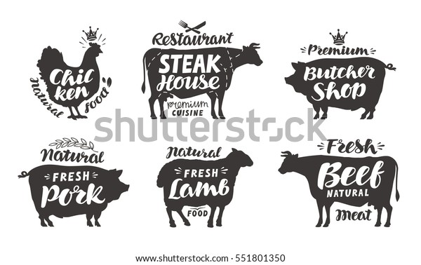 ファーム動物のアイコンセット 鶏肉 牛肉 豚肉 ラム肉 肉屋 ステーキハウスなど 美しい文字のラベルのコレクション ベクターイラスト のベクター画像素材 ロイヤリティフリー