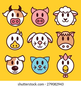 Farm animals icons set. Funny animals heads vector illustration. Creative flat line style design. Isolated on yellow background