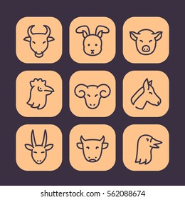 Farm animals icons set in linear style, vector illustration