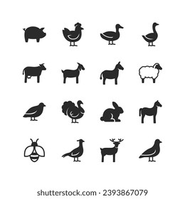 Farm Animals icons set. Animals that are raised on a farm, an animal for dairy products, eggs and meat. Black and white style