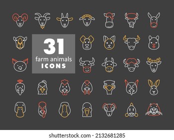 Farm animals icons set. Vector head illustration. Agriculture sign. Graph symbol for your web site design, logo, app, UI. EPS10.