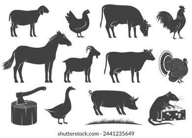 Siluetas de iconos de animales de granja. Ilustración vectorial. Elementos de diseño para el negocio agrícola - tienda, mercado, embalaje, menú.