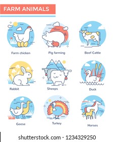 Farm animals icons, thin line, flat design