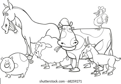 farm animals illustration for coloring book