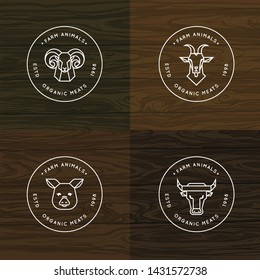 Farm animals illustration or logo vector set of 4 illustrations isolated in wood vector background.