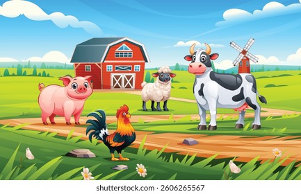Farm animals including cow, pig, sheep, and rooster standing on grassy field with barn and windmill. Vector cartoon illustration