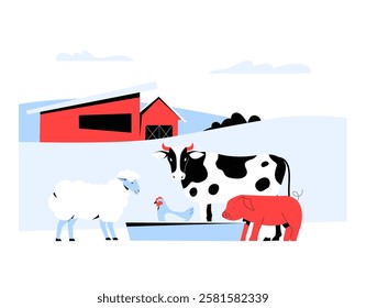 Farm Animals Including Cow, Sheep, Pig, And Rooster In Flat Vector Illustration Symbolizing Agriculture, Livestock, And Rural Farming, Isolated On White Background