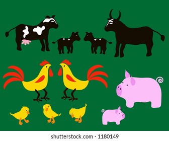 Farm animals including cow,bull,calves,rooster,baby chickens,pig and piglets.Vector Illustration.