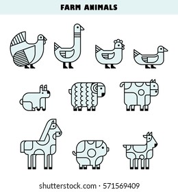 Farm animals for info graphics isolated on white. Set of modern vector line design icons and pictogram: pig, goat, horse, sheep, rooster, goose, rabbit, cow, hen, turkey, duck. Vector illustration.