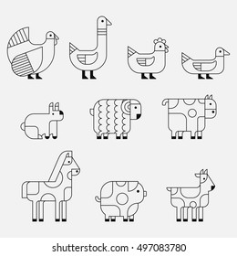 Farm animals for info graphics or web use. Set of modern vector line design icons and pictogram: pig, goat, horse, sheep, rooster, goose, rabbit, cow, hen, turkey, duck. Vector illustration.