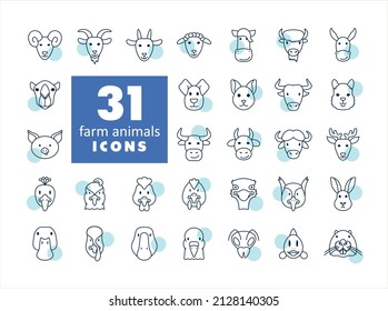 Farm animals isolated icons set. Vector head illustration. Agriculture sign. Graph symbol for your web site design, logo, app, UI. EPS10.