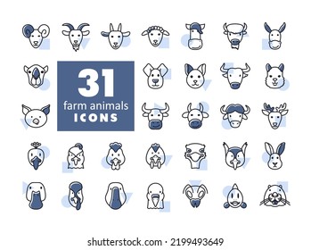 Farm animals isolated icons set. Vector head illustration. Agriculture sign. Graph symbol for your web site design, logo, app, UI. EPS10.