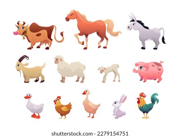 Animales de granja aislados en un fondo blanco. Cute Cartoon Animals Collection: Vaca, Caballo, Burro, Cabra, Oveja, Cordero, Cerdo, Pato, Pollo, Ganso, Gallo, Conejo. Ilustración vectorial.