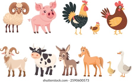 Farm animals isolated on white background. Vector illustration. Cute cartoon animals collection: sheep, goat, cow, donkey, horse, pig, duck, goose, chicken, rooster